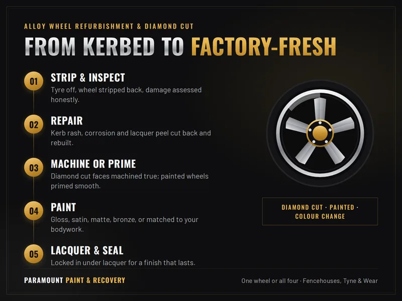 Infographic showing the five steps of a proper alloy wheel refurbishment: strip and inspect, repair, machine or prime, paint, then lacquer and seal