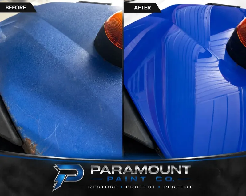 Blue motorcycle panel, before and after respray